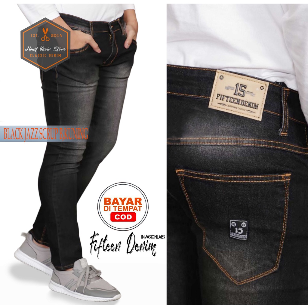 CELANA JEANS SLIMFIT/SKINNY PRIA/COWOK/COWO  BLACK JAZZ SCRUP B,KUNING  MURAH DAN GROSIR