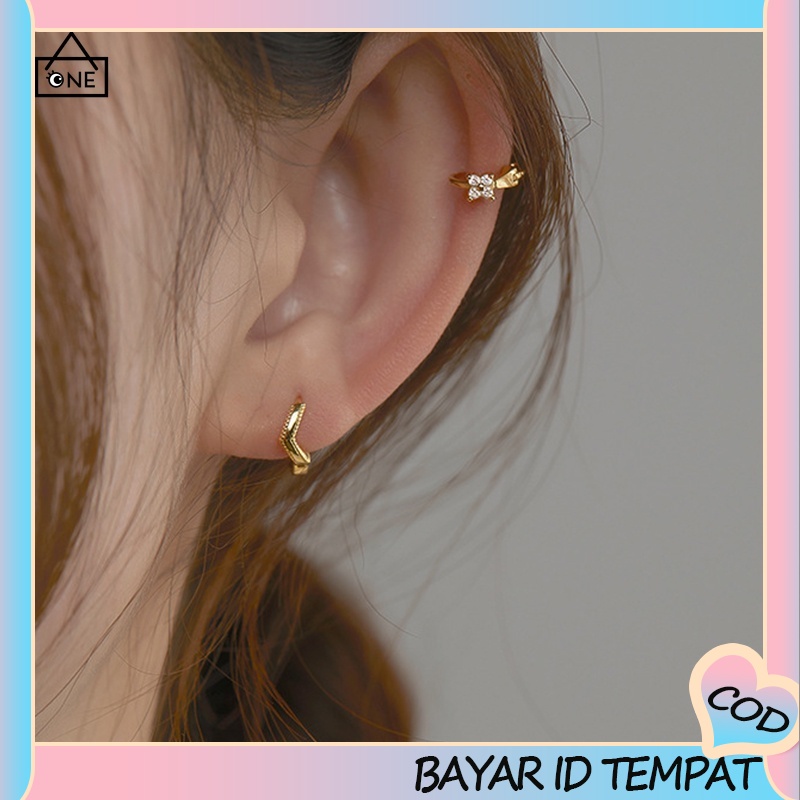 COD❤1 Pasang14K Berlapis Emas Anting Wanita Korea Mini Zircon Hoop Anting jepit huggie Piercing  A one