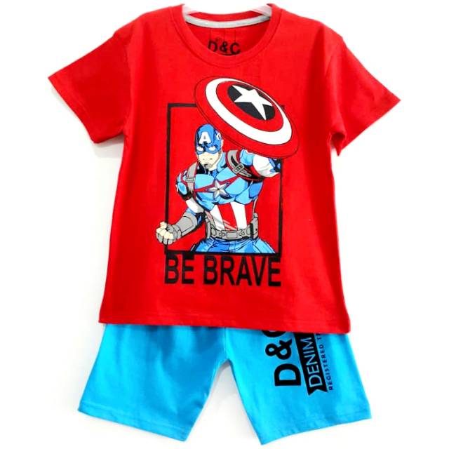 Red Captain America Be Brave Set- Setelan Kaos Karakter- Setelan Kaos Cowok- Setelan Kaos Santai