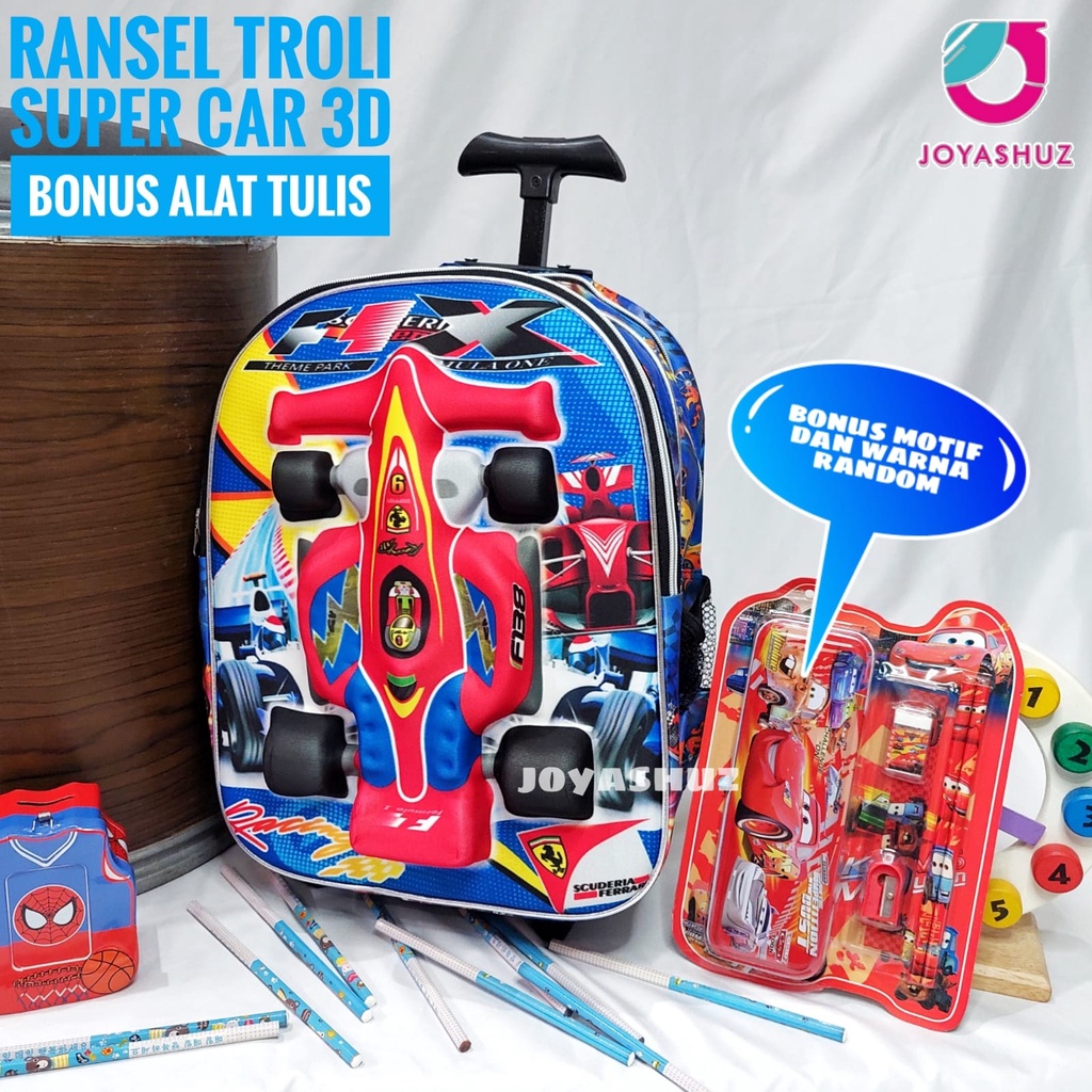 Tas Troli Anak Laki Laki Super Car - Tas Troli 3 Dimensi - Tas Troli Sekolah Gratis Botol Minum - Ransel Anak Troli TK - Tas Troli Anak Karakter Super Car 3D - Tas Troli Gratis Botol Minum - Ransel Troli Keren - Ransel Troli Super Car - Joyashuz