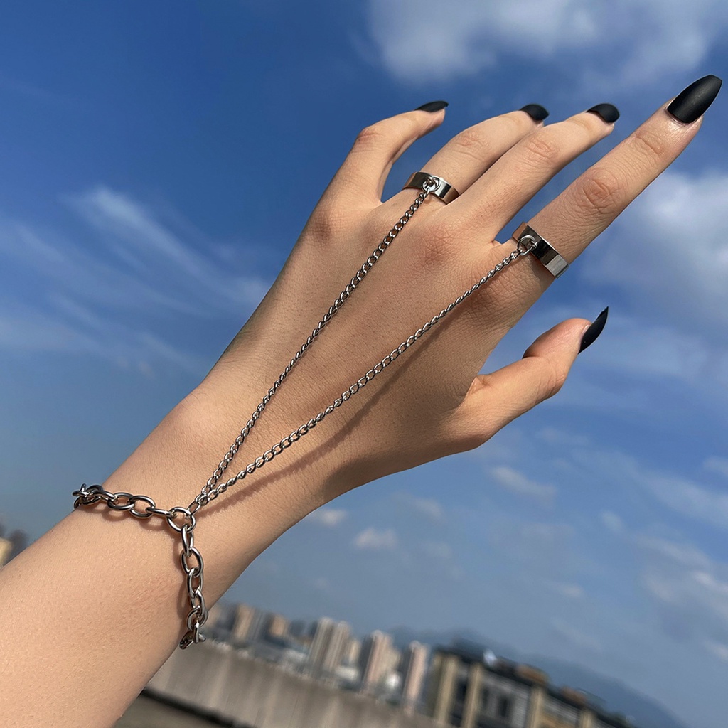 Set Gelang Rantai Cincin Model Terbuka Dapat Disesuaikan Bahan Stainless Steel Warna Silver Gaya Punk Untuk Pria Dan Wanita