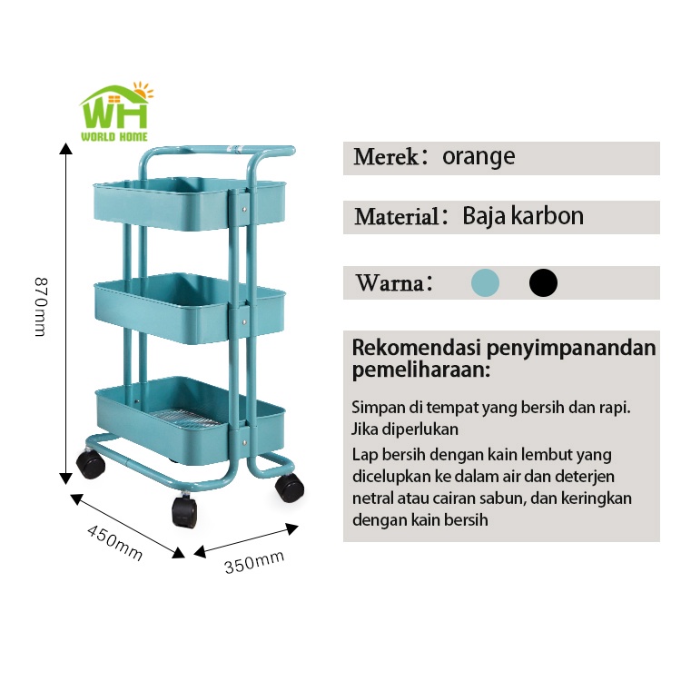 Rak Troli Tiga Susun Serbaguna Kamar Tidur Dapur Kamar Mandi dengan Roda dan Pegangan GOSHOP88