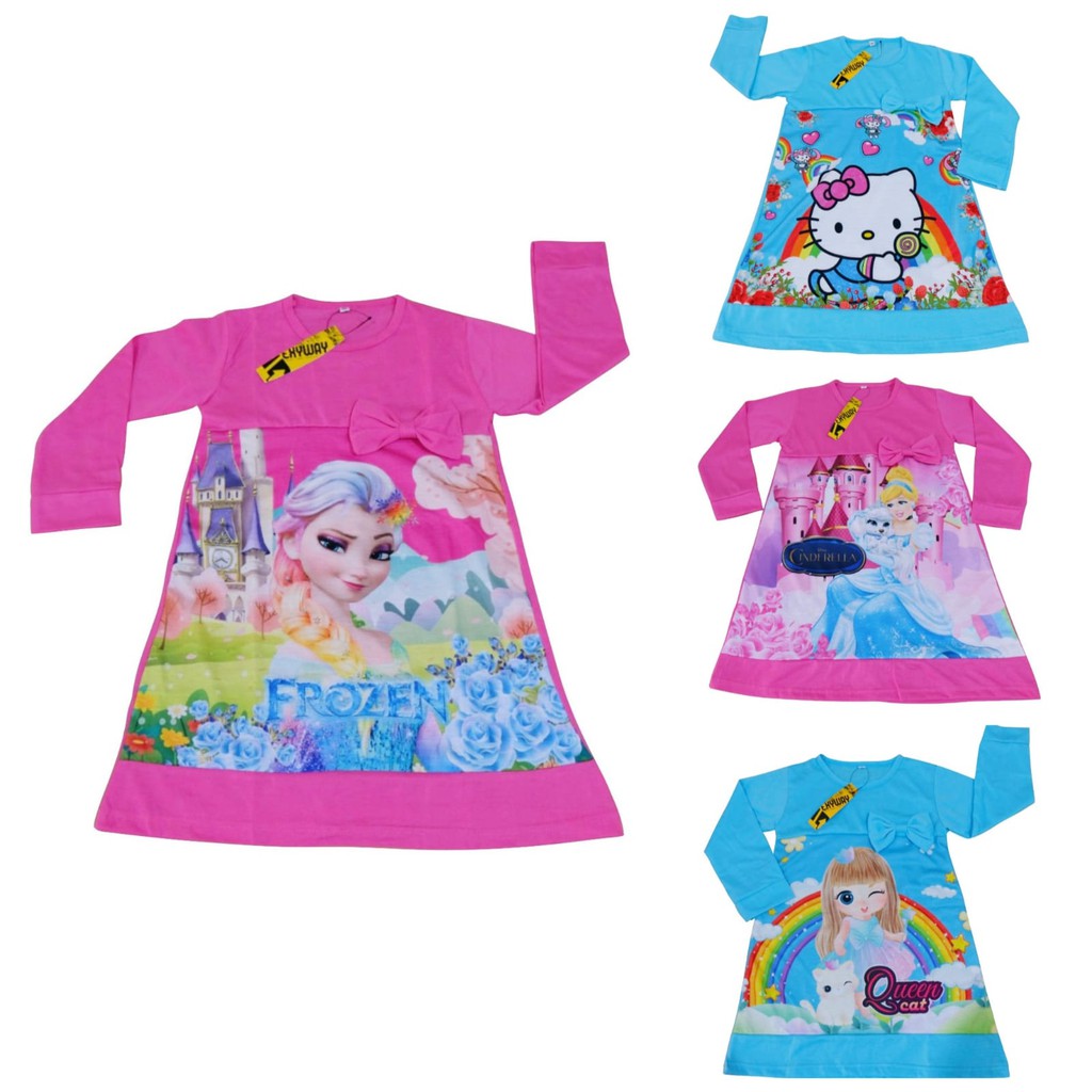 Tunik Anak Perempuan Bahan Kaos Lengan Panjang Umur 2-9 Tahun Motif Lucu Bisa COD