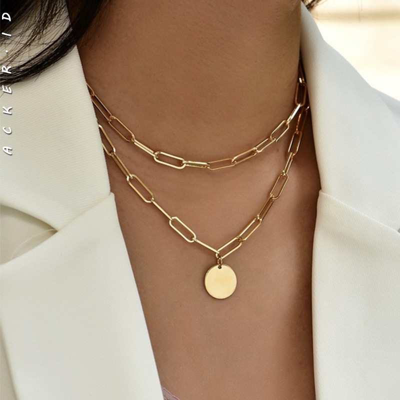 Set Kalung Rantai Multilayer Dengan Liontin Disk Untuk Wanita