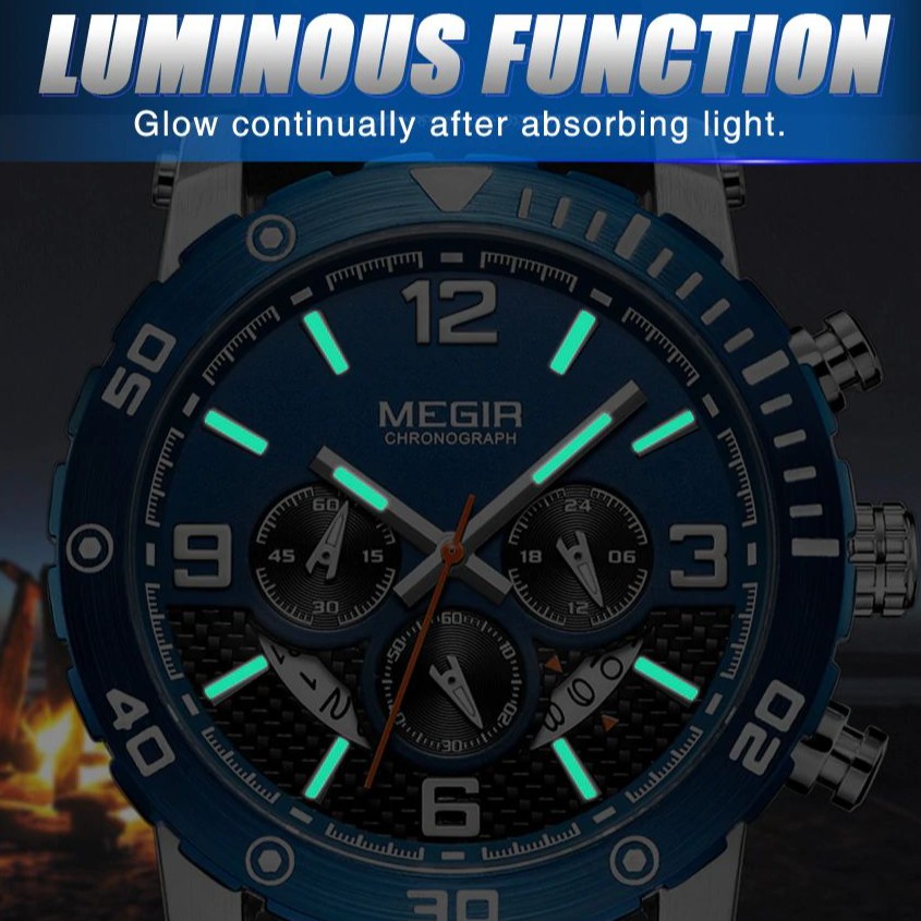 MEGIR 2084 Jam Tangan Pria Analog Chronograph Tali Kulit Luminous WATCHKITE WKOS