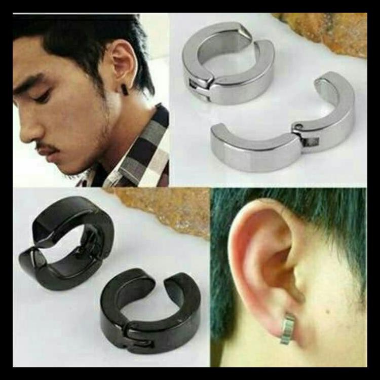 TERLARIS ANTING TINDIK CEPIT PALSU COWOK HITAM SILVER EMAS PELANGI BIG SALE