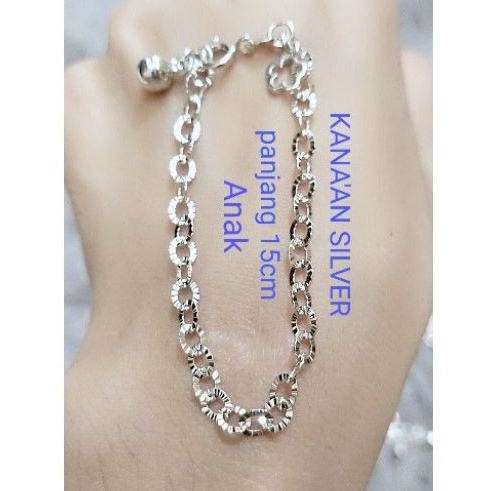 Gelang tangan anak perak asli 925 rantai Nori ukir+mainan 2 kilau/Silver lapisan emas putih murni