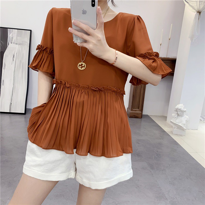 IBS-03 sweet ruffle blouse putih cokelat summer import korea jepang