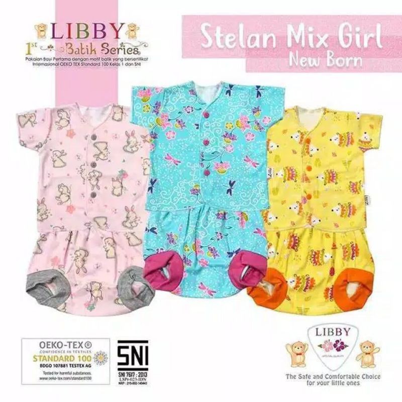 LIBBY Setelan Bayi Lengan Pendek Kancing Depan Uk. 0-3, 3-6, S, M, L