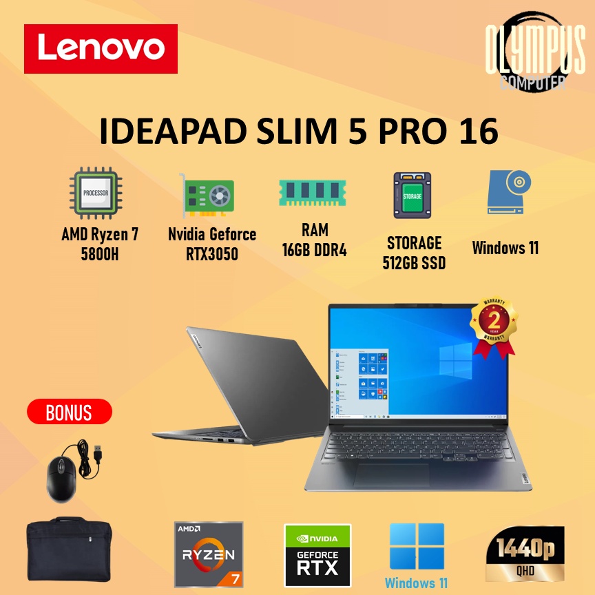 Laptop Lenovo Ideapad Slim 5 Pro 16 RTX3050 Ryzen 7 5800 16GB 512SSD W11+OHS 16"QHD