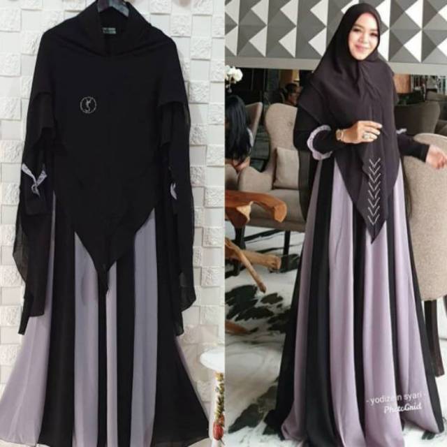 ZHINDY RAIN SET  KHIMAR  TERBARU SWAROVSKI DIDADA LOGO YS ( Hitam Mix Abu ) , ORI  YODIZEIN SYARI