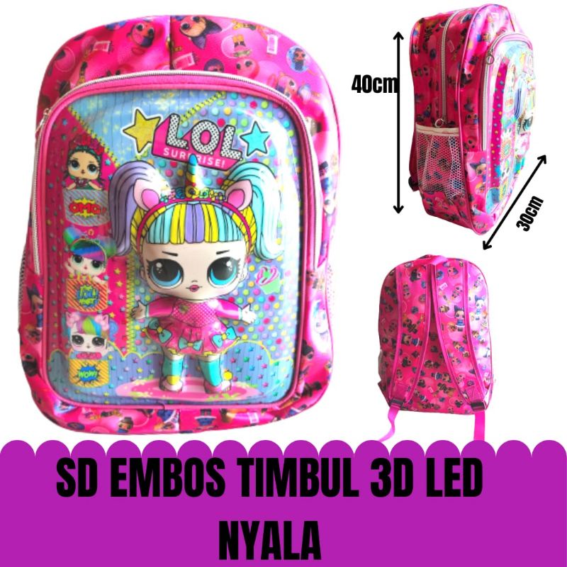 Tas Ransel Sekolah SD Anak Perempuan Karakter Embos timbul 3D lampu nyala LED