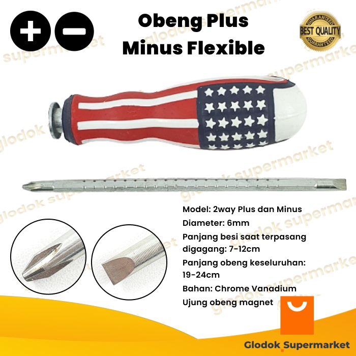 Obeng Bolak Balik Flexible USA Panjang 7-12cm Diameter 6mm Plus Minus Magnet 2 Way