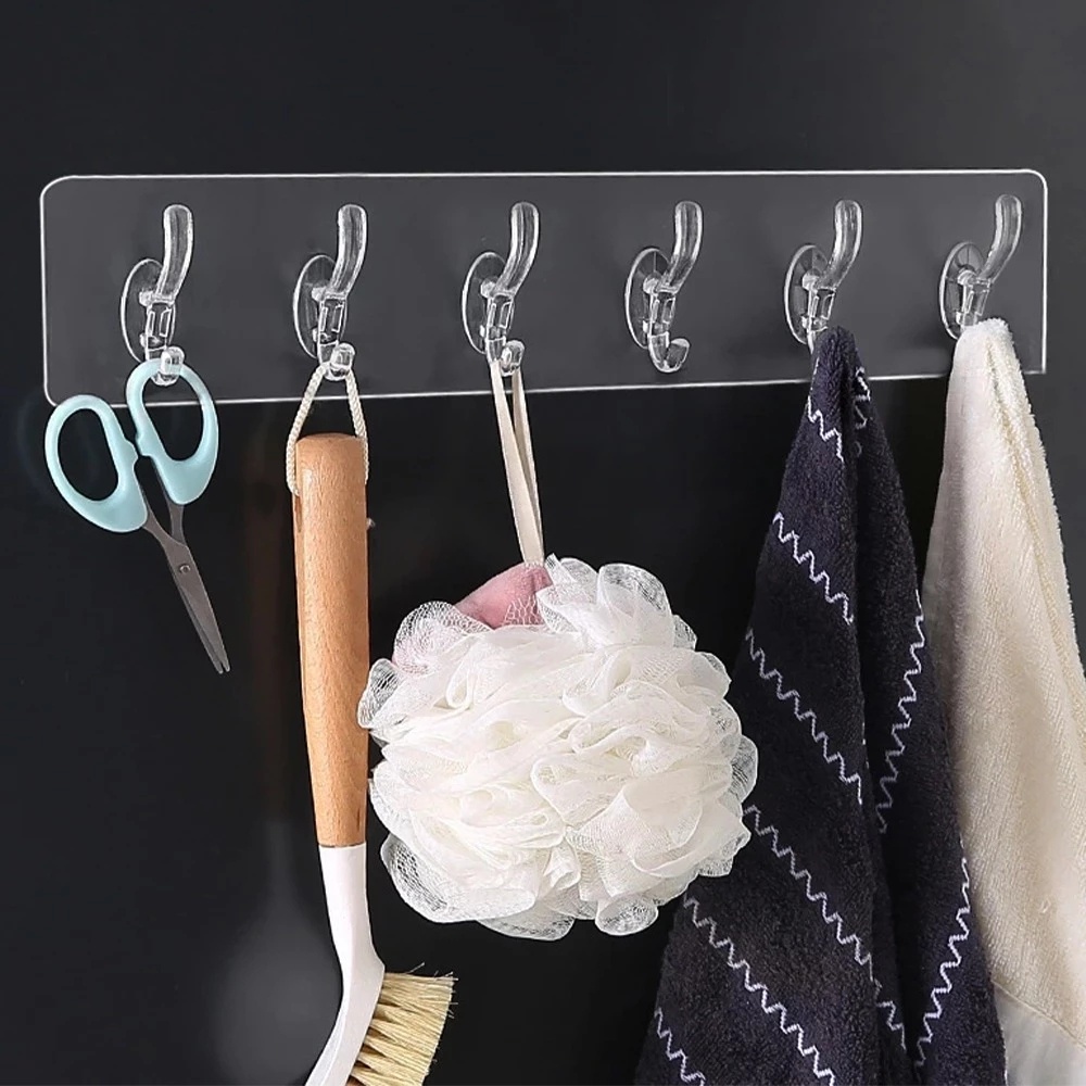 1/3/5/6 Nail-free Self Adhesive Transparent Row Hook/Space Saving Strong  Seamless Storage Hooks / Heavy Duty Door Wall Mounted Simple Storage Holder/Bathroom Kitchen Coats Bag Hats Towels Key Storage  Rack  / Home Office Multifunction Wall Racks
