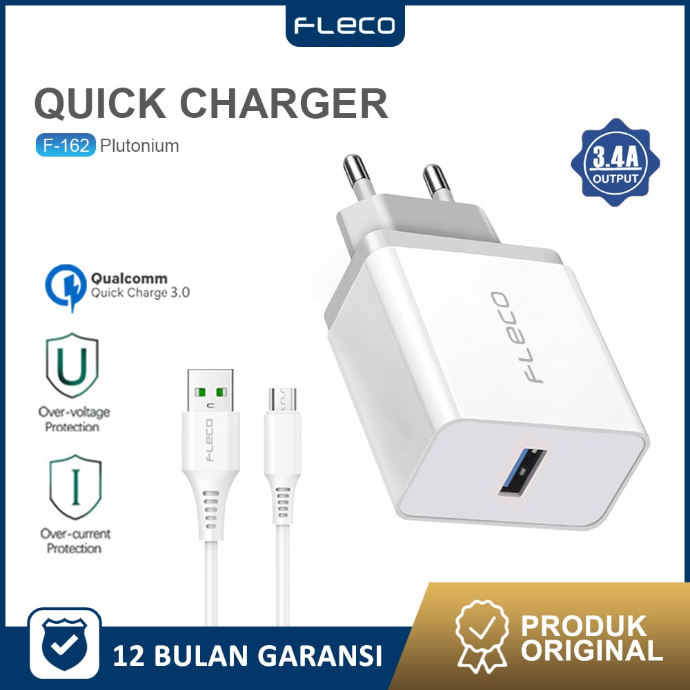 Charger Travel Adaptor Colokan USB 1 Port QC3.0 Quick Charging F-162 FLECO FREE kabel MICRO