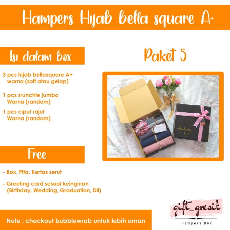 

Hampers hijab/Gift box hijab/Paket 5/Hijab bella square A+/Kado ulang tahun/Wisuda/Nikahan