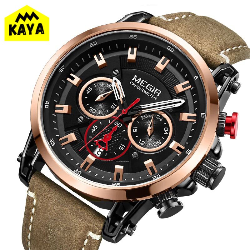 Jam Tangan Pria Original Megir Analog Chronograph Tali Kulit Hardlex Casual Bssiness Formal - KY2085