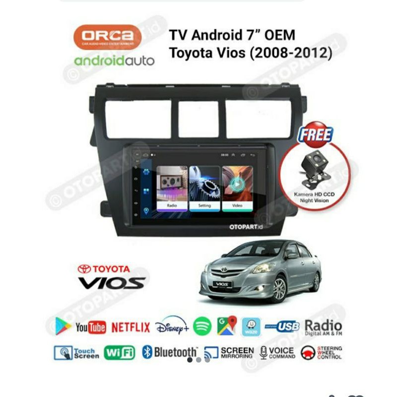 Head unit oem vios - tv android toyota vios 2008-2012 - tv android orca adr7688 7 inch