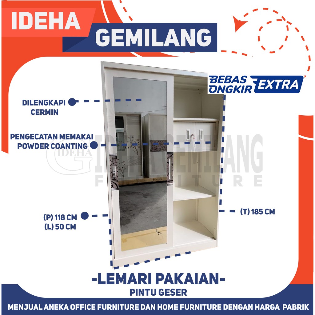 Lemari Pakaian Besi Pintu Geser Besar Kaca Full & Tanpa Kaca