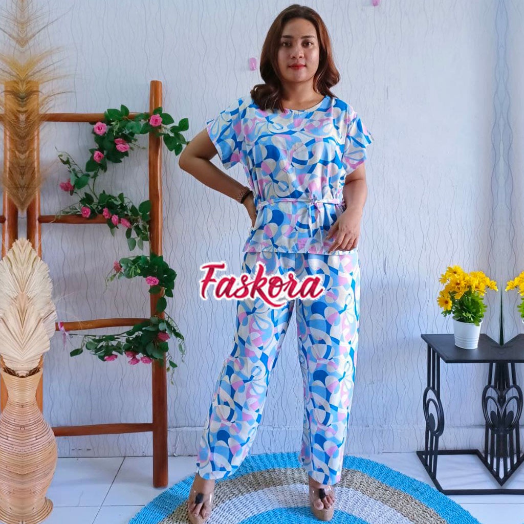 Baju Tidur Wanita Dewasa Jumbo Lengan Pendek Langit / Piyama Lengan Pendek Celana Panjang Rayon