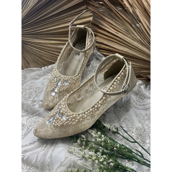 sepatu wedding wanita sayfira cream tali 5cm kaca