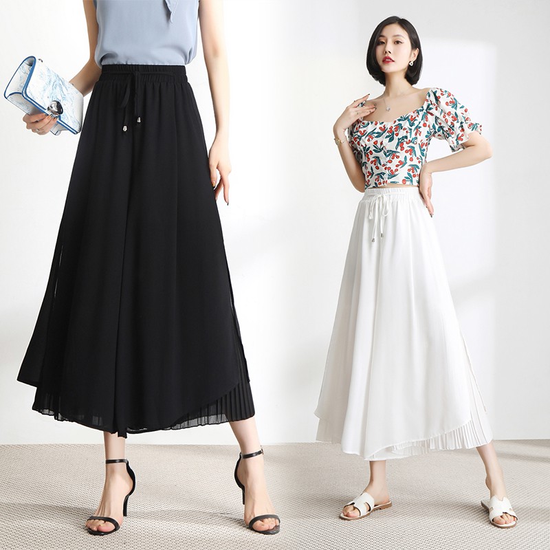 【SALE】korean Layered Elastic Waist Solid Wide Leg Pants 7256