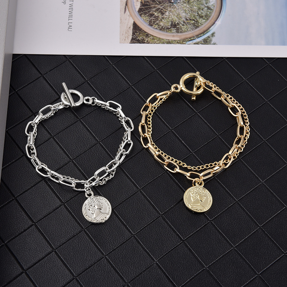 Korean Retro Fashion Portrait Coin Silver Bracelets Personality Creative Chain Multilayer Bracelet Jewelry Accessories