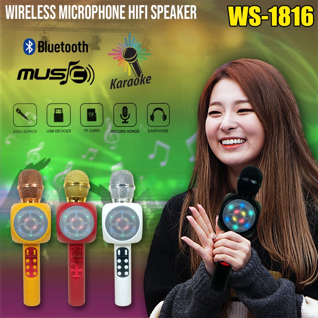 Mic Smule KTV Karaoke MP4 Microphone Wireless Portable Bluetooth LED WSTER WS1816 , WS-1816