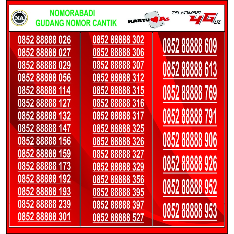NOMOR CANTIK AS 4G 0852 88888 H800