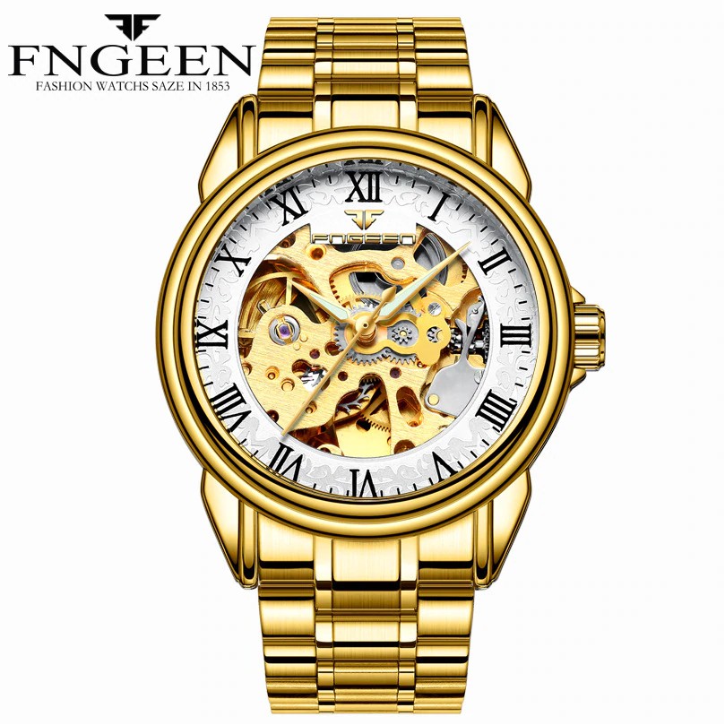 Jam tangan mekanik pria FNGEEN Mens Gold Watch Automatic Skeleton Watch 5ATM Water Resistant Solid