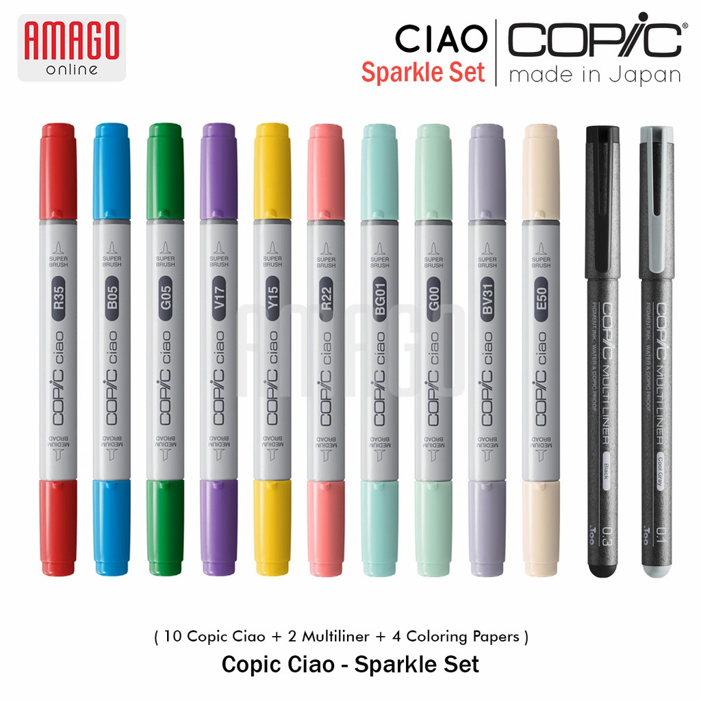 SPIDOL / MARKER COPIC CIAO SPARKLE SET - ISI 10 BUAH CIAO - 2 BUAH MULTILINER - 4 KERTAS MEWARNAI