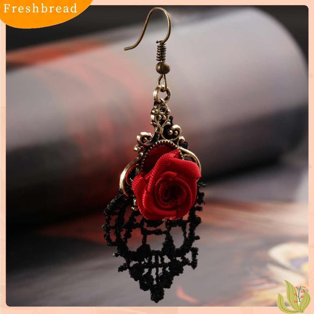 【Fresh】1 Pair Vintage Gothic Vampire Halloween Black Lace Red Flowers Dangle Earrings