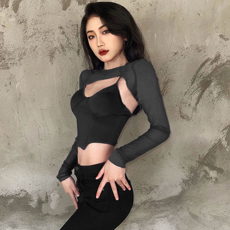 Buktikan kekinian atasan crop top niche design sense taro ungu irregular slim kamisol rompi wanita lengan panjang two-piece short top trendy baju import kaos wanita korean style