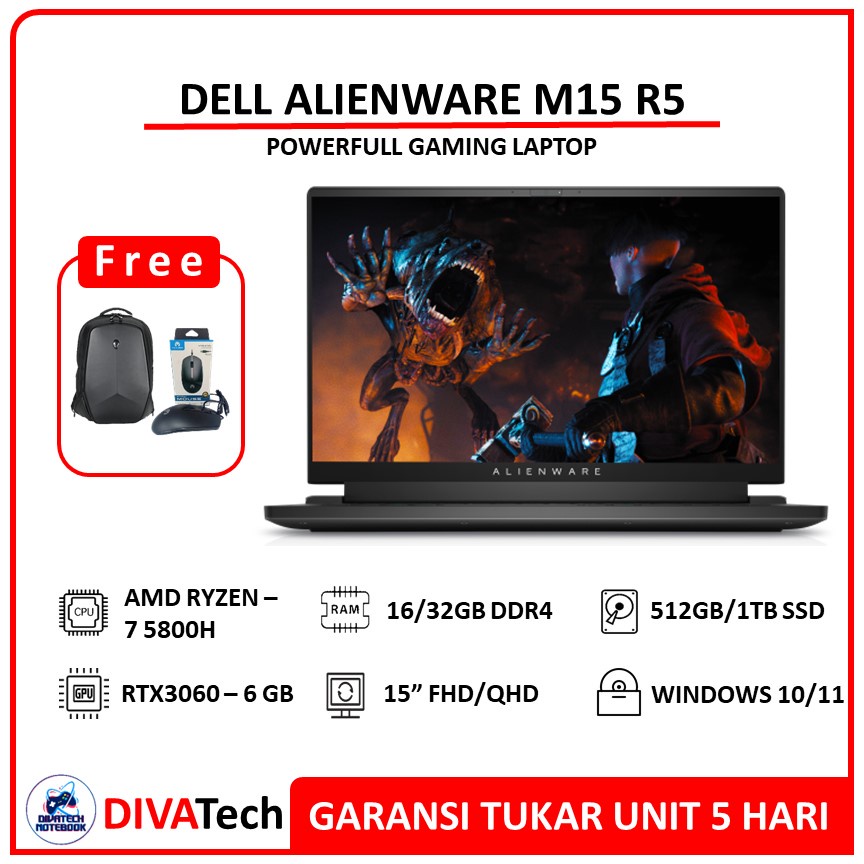Dell ALIENWARE M15 R5 Ryzen 7 5800H 16/32GB 512GB/1TB SSD RTX3060 6GB W11/W10