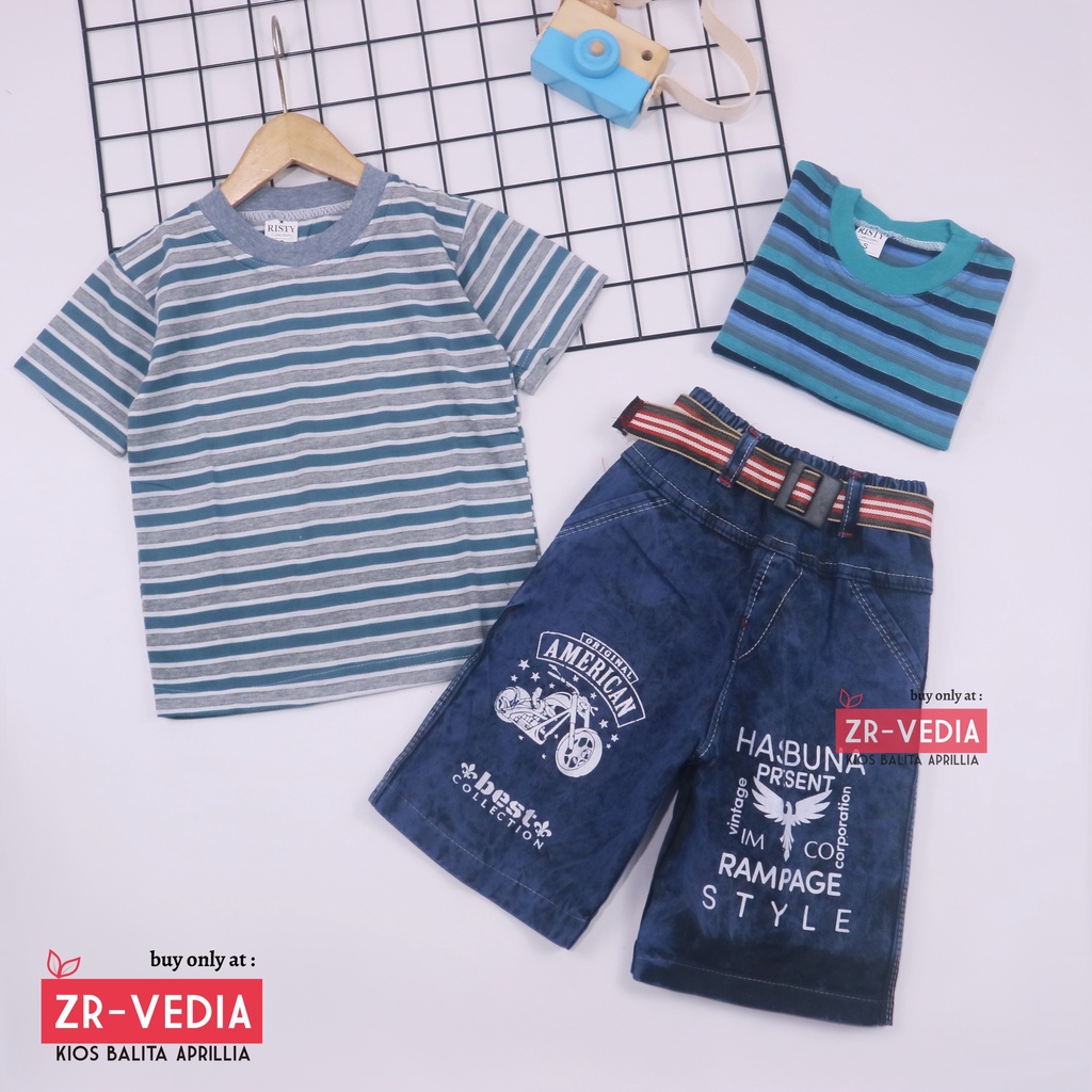 Setelan Salur Jeans uk 3-5 Tahun / Kaos Anak Laki Jeans Pendek Baju Lengan Setelan Murah Oblong