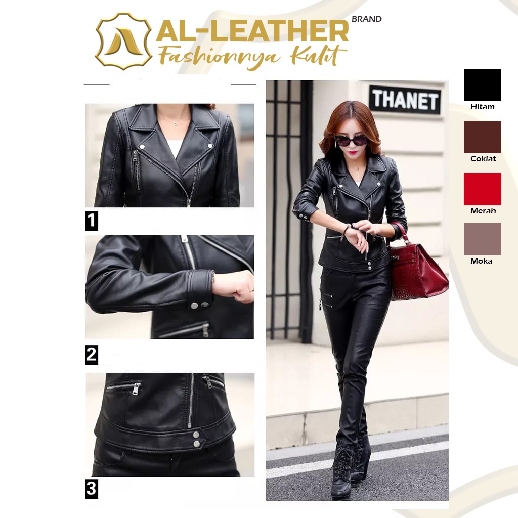 AL-Leather Premium Jaket Kulit Wanita Crop Jesica Elegant Hitam Coklat Moka Merah M L XL XXL 3XL