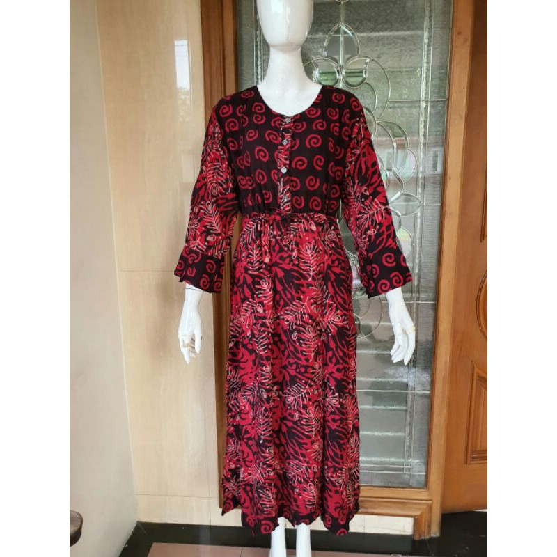 Longdaster Maura Gamis Rayon Cap Soloan Baju Ibu Homedress Adem Nyaman Batik Sogan Modern