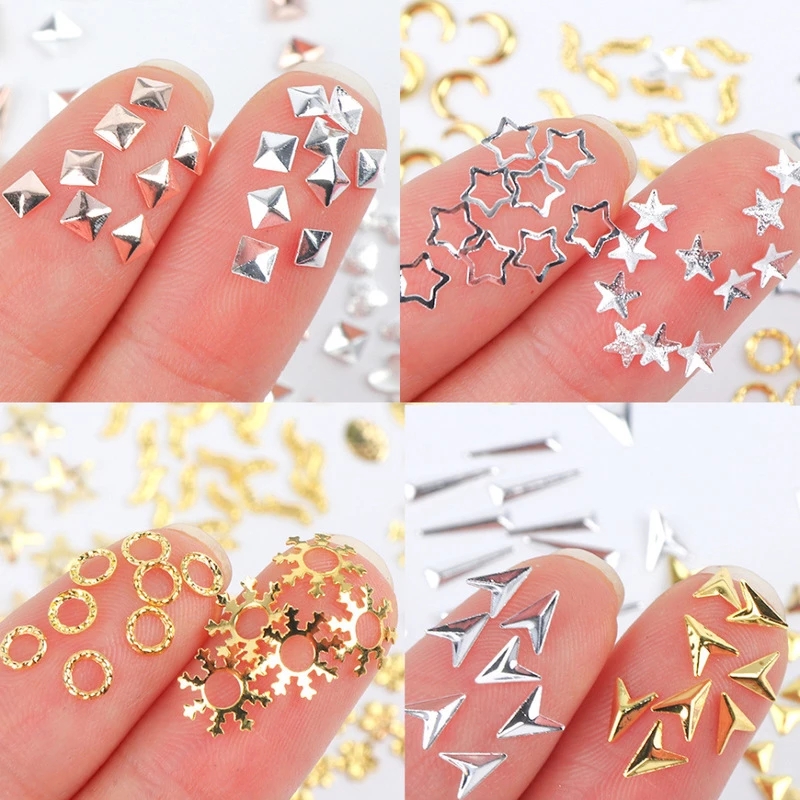 Ins Campur Manicure Tahan Lama DIY Nail Art 3D Mini Beads Paku Keling Dekorasi Stiker Kuku Emas Logam Metal Gold Rivet Aksesoris