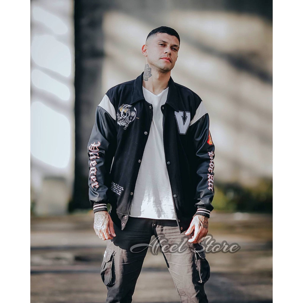 Varsity Jacket  SKULL Black Vlieger Original - Jaket Baseball Varsity  Vintage Premium