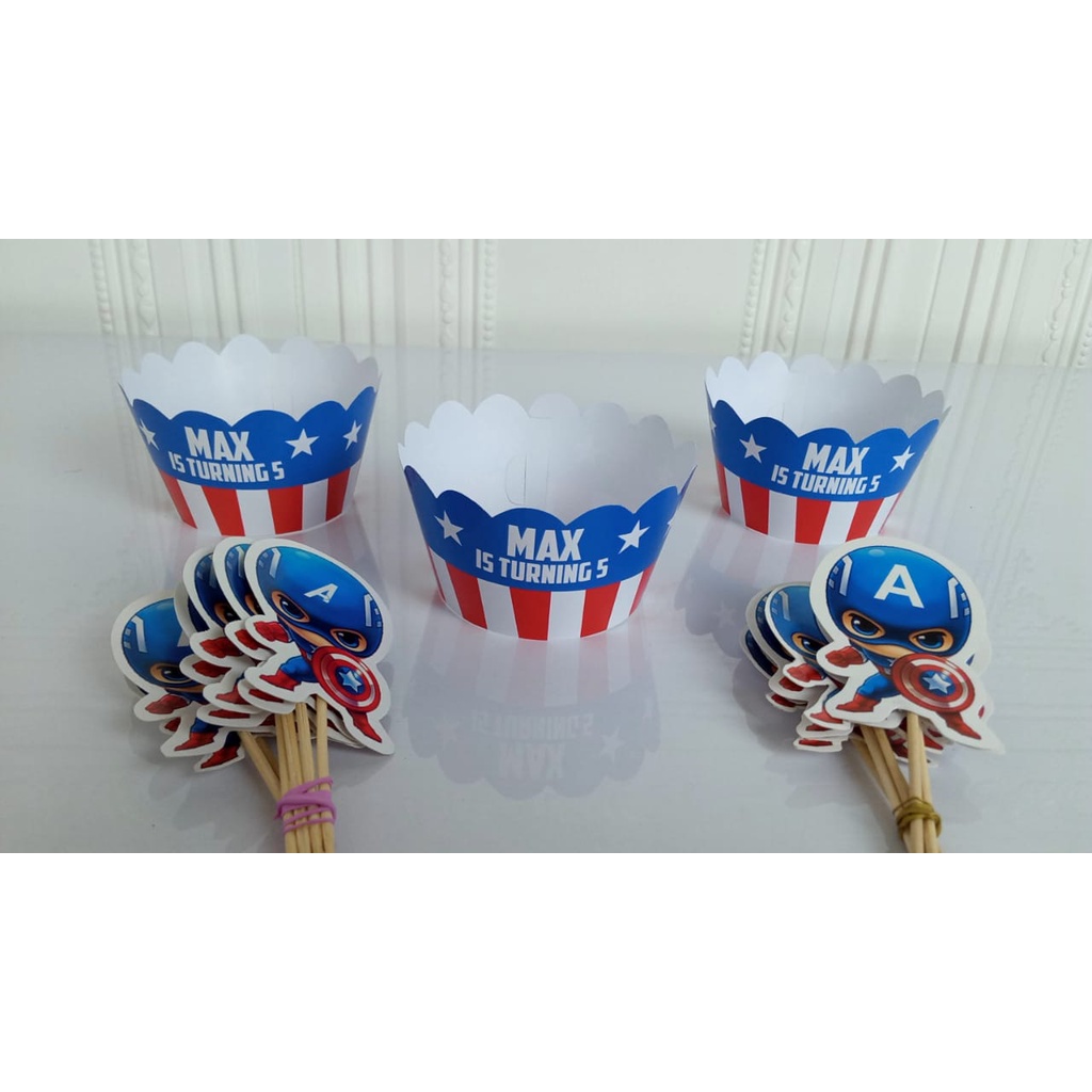 cupcake topper wrapper captain america / cupcake topper wrapper custom captain america / hiasan pemb