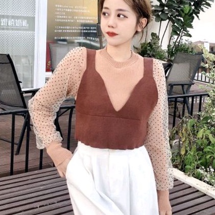 F111 2in1 Baju set vest rompi atasan rajut knit lengan panjang model Korea Korean style cewek import