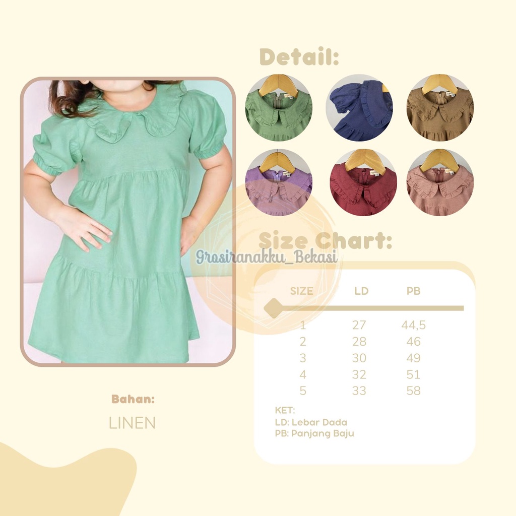 Dress Anak Linen Salsabila Warna Tosca Size 1-5Tahun