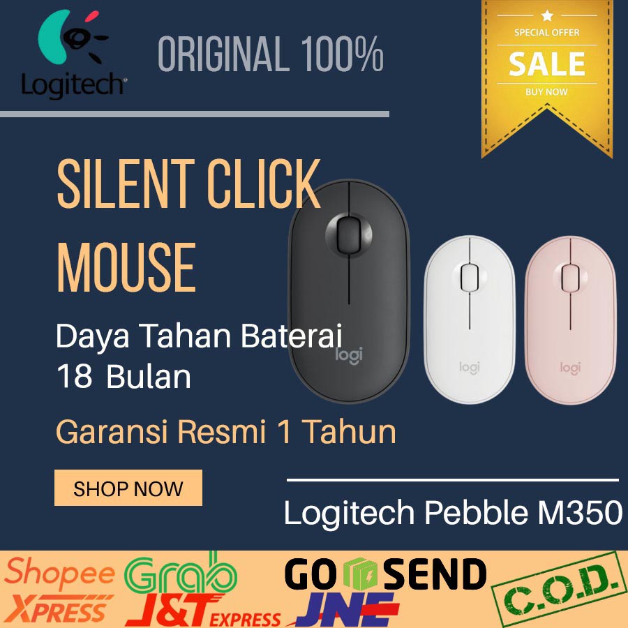 Logitech Pebble M350 Wireless Silent Click Mouse | Mouse Putih Lucu | Mouse Unik | Logitech
