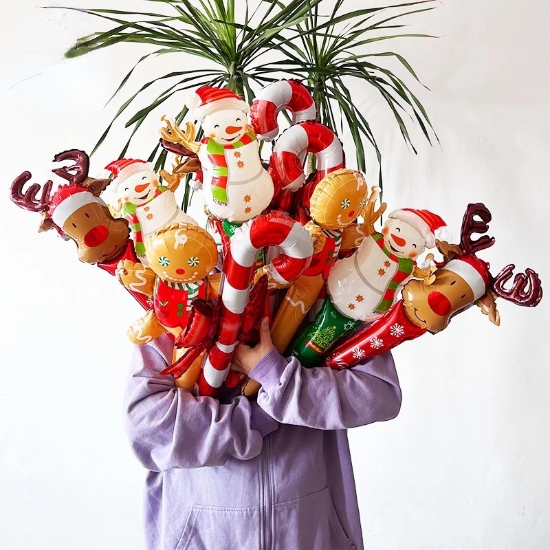 Mainan Tongkat Balon Model Tiup Bahan Aluminum Foil Desain Gingerbread Man Snowman Elk Head Natal Ukuran 24 Inci