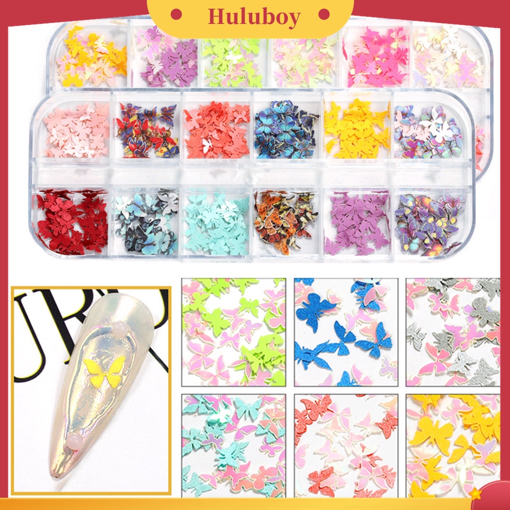 Huluboy Huluboy♡ 1 Kotak Stiker Kuku 3D Motif Kupu-Kupu Glitter 12 Warna Untuk Manicure