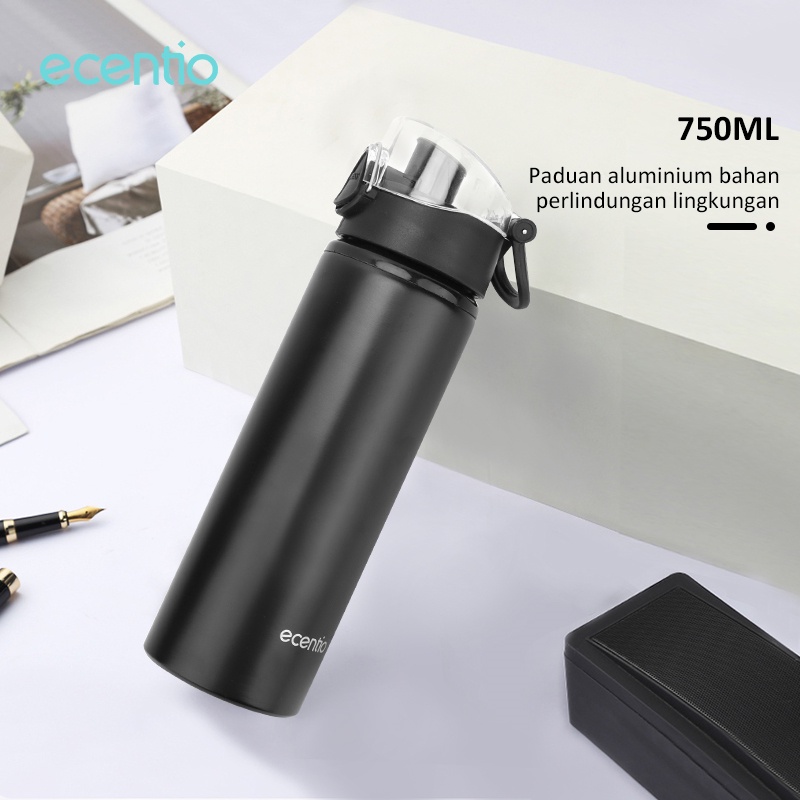 ecentio &amp; FOODI 750ml hitam Aluminum botol minum anti tumpah olahraga sepeda Hitam with cap/tumbler botol minum 750ml botol air black portable/bottle minum sepeda Hitam