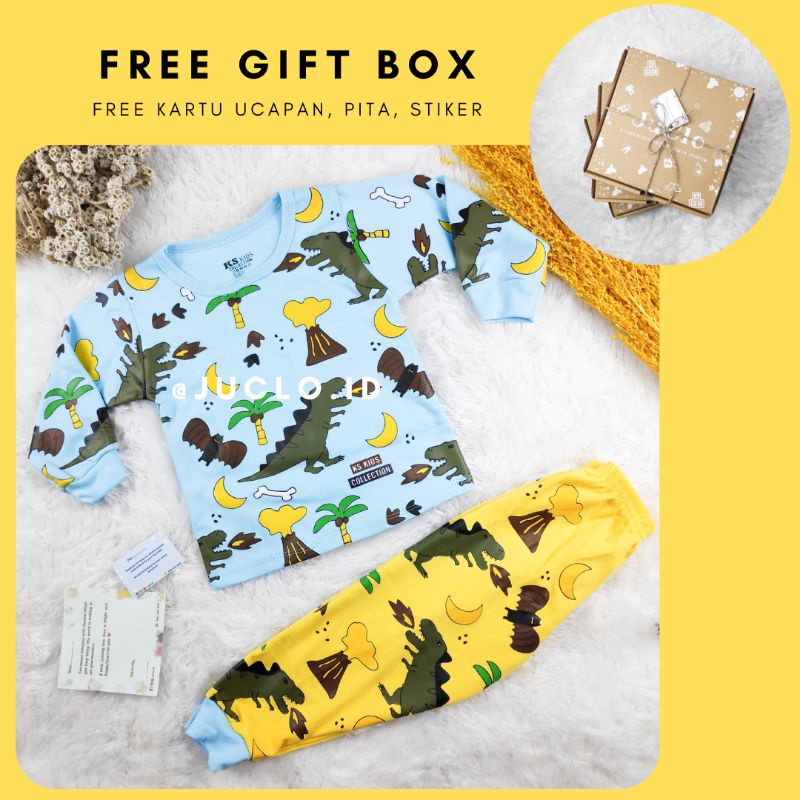 Baju Kaos Setelan Bayi Anak Cowok 2 bulan - 2 tahun Dinosaurus Kado Karakter Perempuan Kuning Biru