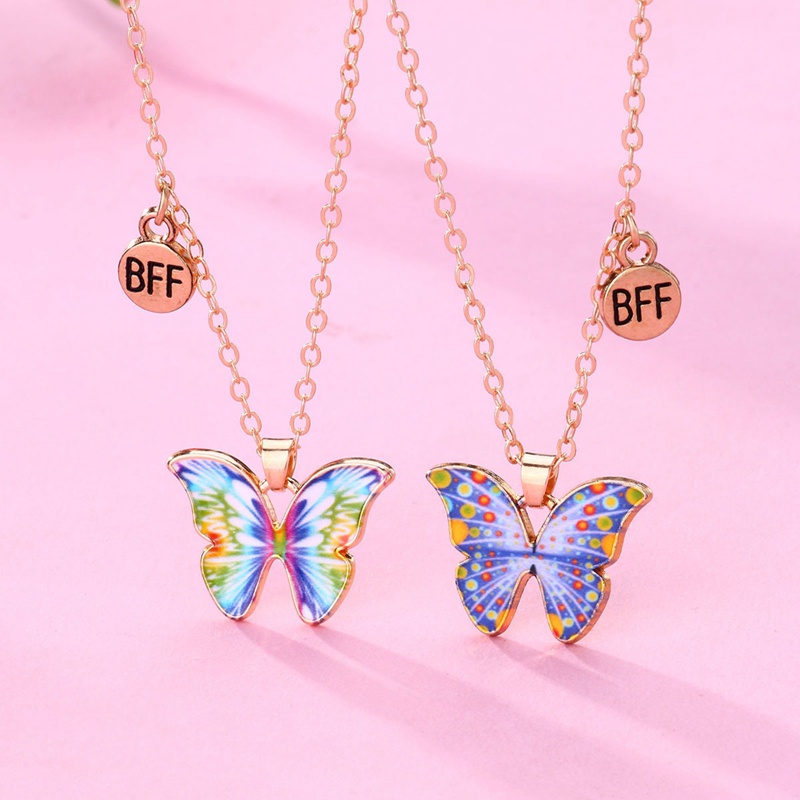 2pcs / Set Kalung Persahabatan Dengan Liontin Kupu-Kupu Warna-Warni Gaya Korea Untuk Wanita