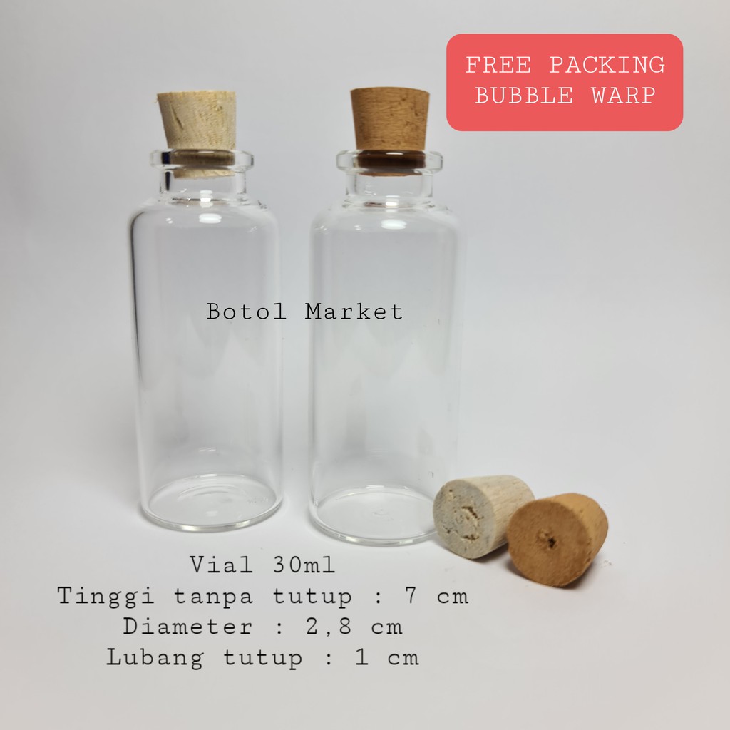 Botol Vial 30ml Tutup Kayu Gabus / Botol Kaca MIni