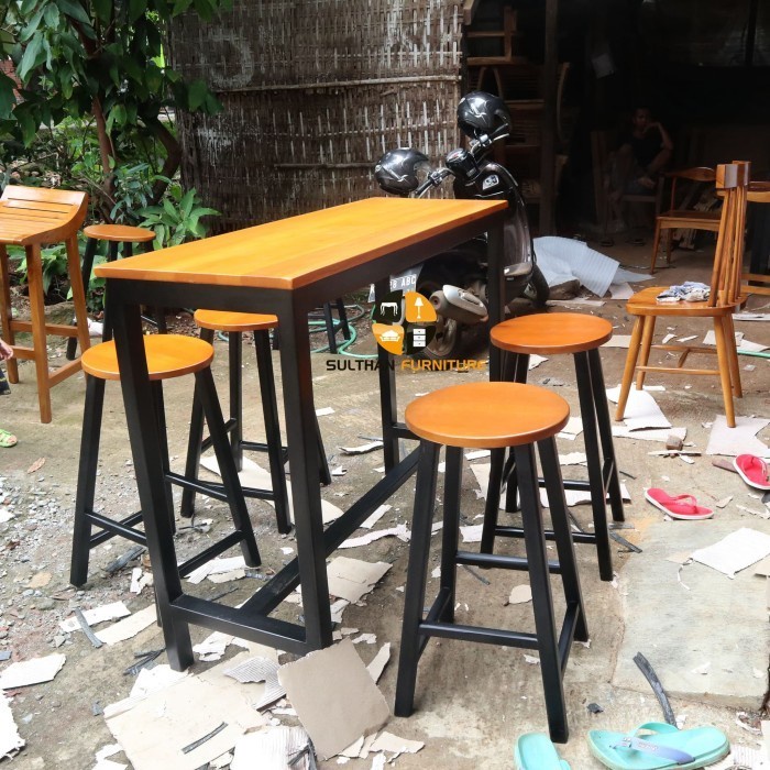 1 Set Meja Makan kursi meja cafe murah Minimalis - Stool Bar - Kursi Cafe Kayu Jati